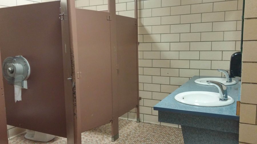 The girls bathroom in the annex of Wheat Ridge High School, one of the aging buildings that could be renovated. 