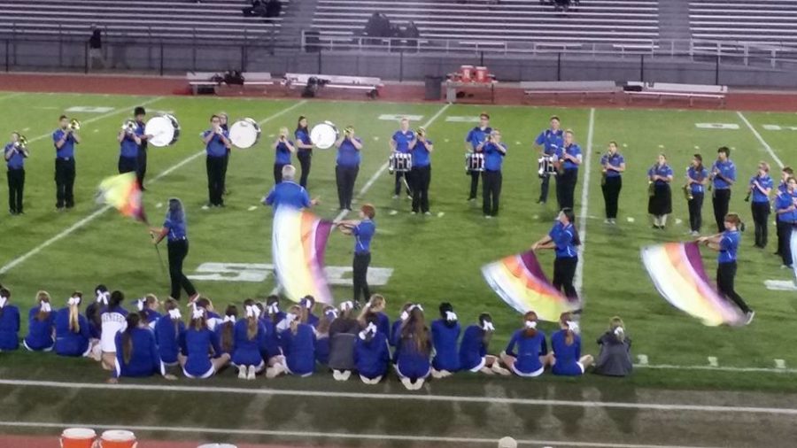 The Farmer Pride Band performing during half time at a football game. Courtesy of wrhsonline.org

