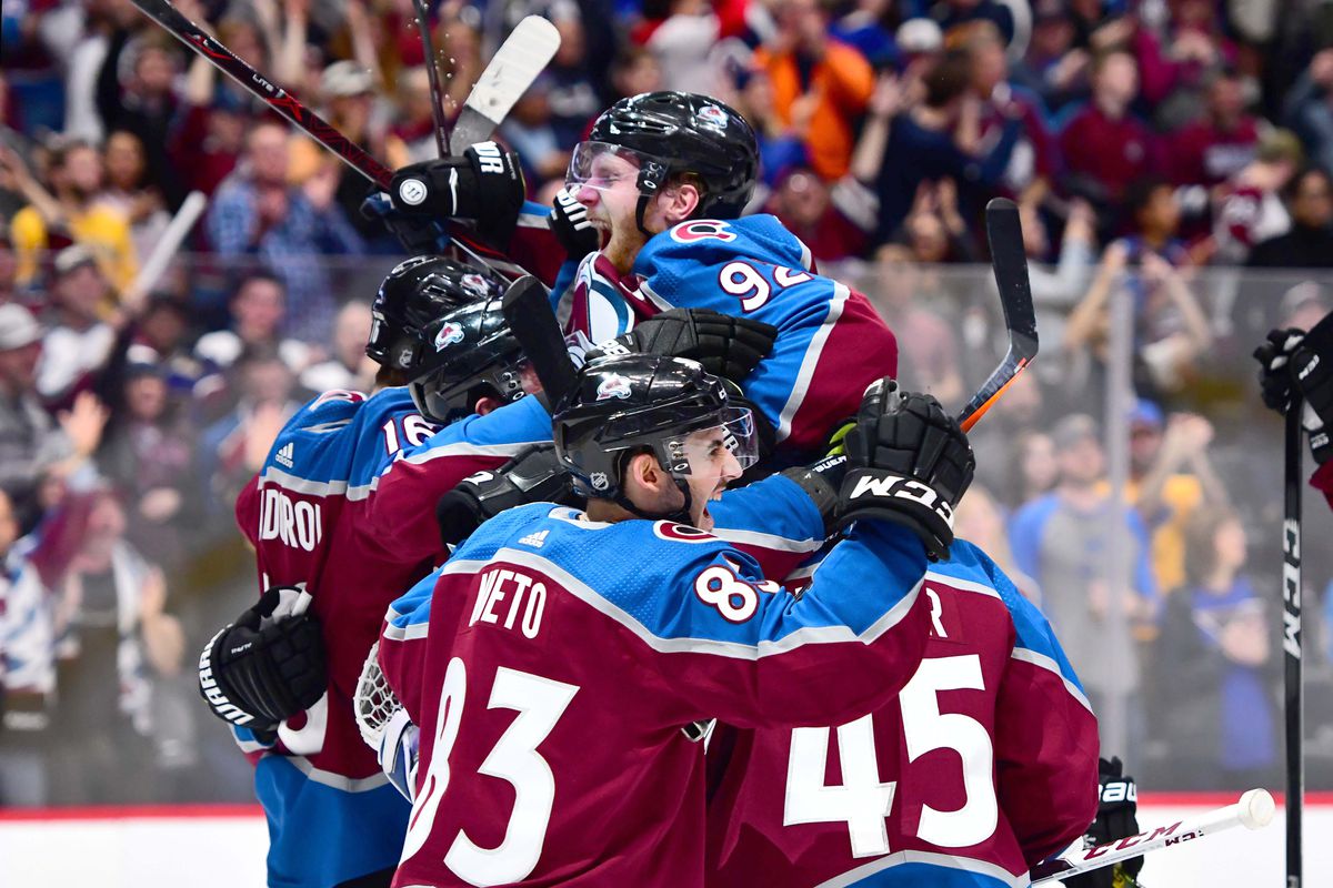 Avalanche players celebrate following their victory against the Blues on April 7th
(Courtesy of NBC Sports)