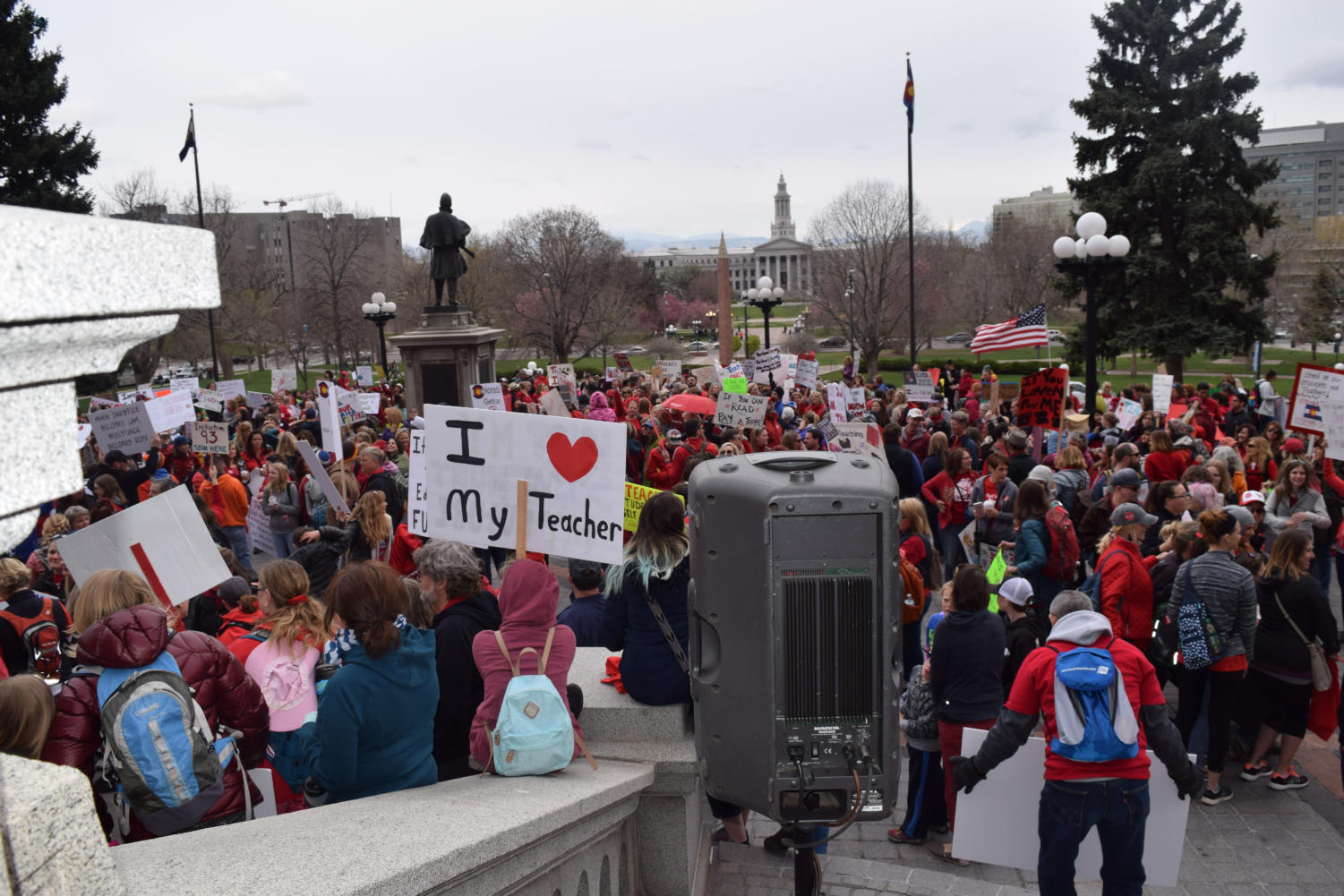 Educators and their supporters rally at the state Capitol April 26 for increased education funding and a secure retirement fund.