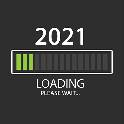 2021 New Year loading. Please wait. Flat design illustration on grey background.